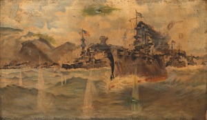 "THE DESTRUCTION OF CERVERA'S FLEET, JULY 3, 1898":&nbsp;Oil painting of the fleet under full steam with ship titles captioned in the lower margin, 44 x 75cm, 63 x 93cm overall