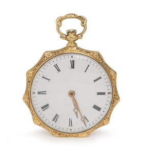An antique Swiss 18ct gold slimline ladies pocket watch with engraved decoration and cylinder escapement, 19th century. Note: Exceptionally fine and thin example. 4.5cm high overall including bow, 4mm thick.