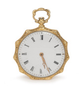 An antique&nbsp;Swiss 18ct gold slimline ladies pocket watch with engraved decoration and cylinder escapement, 19th century. Note: Exceptionally fine and thin example. 4.5cm high overall including bow, 4mm thick.