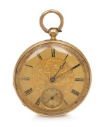 An antique 18ct gold cased open faced pocket watch with handsomely engraved dial, subsidiary seconds, Roman numerals and key wind movement in plush fitted box, 19th century, 5.5cm high including bow, 40 grams total including movement