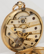 An antique 18ct gold cased open faced pocket watch with handsomely engraved dial, subsidiary seconds, Roman numerals and key wind movement in plush fitted box, 19th century, 5.5cm high including bow, 40 grams total including movement - 5