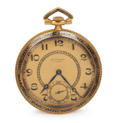 G&Uuml;BELIN​​​​​​​&nbsp;antique French 18ct solid gold cased open faced pocket watch with enamel highlights, housed in original plush fitted and branded box, 5.8cm high including bow, 45 grams total including movement