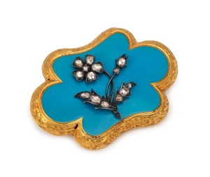 A Georgian 22ct gold and turquoise enamel brooch adorned with diamonds set in silver in floral design with mourning window back, early 19th century, 5cm wide, 16.9 grams total