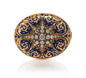 An antique 18ct yellow gold and blue enamel oval brooch, impressively adorned with old fashioned rose cut diamonds in starburst design, mid 19th century, 4.7cm wide, 14.5 grams total weight