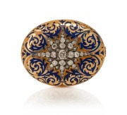 An antique 18ct yellow gold and blue enamel oval brooch, impressively adorned with old fashioned rose cut diamonds in starburst design, mid 19th century, ​​​​​​​4.7cm wide, 14.5 grams total weight