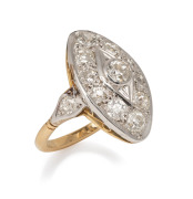An Art Deco 18ct yellow gold and platinum ring, set with diamonds, 9.6 grams total