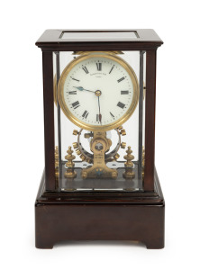 EUREKA CLOCK Co. LIMITED of London antique electric four glass library clock with dual ball bearing temperature compensated balance, white glass enamel dial with Roman numerals, (Number 8028, Patent No. 14614, 1906), 34cm high, 21cm wide, 17.5cm deep.