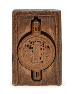 PILGRIMS TOKEN, beautifully carved in timber with scene depicting the Incredulity (the Doubting) of Thomas, housed in a fitted timber case and further housed in an attractive antique pierced olive wood box. With a somewhat dubious handwritten manuscript note declaring "PILGRIMS CROSS reputed (?) to be a Relic of the TRUE CROSS........" and suggesting it was acquired in the 1730s by WILLIAM FINLAY (1712-1789). Unknown age but definitely antique. the cross 7cm high, the outer box 13.5cm wide.