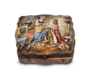 An antique Continental porcelain trinket box with hand-painted Cinderella scene to the top, 19th century, 3cm high, 6cm wide, 5cm deep.