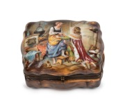 An antique Continental porcelain trinket box with hand-painted Cinderella scene to the top, 19th century, ​​​​​​​3cm high, 6cm wide, 5cm deep.
