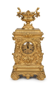 A fine quality antique French Empire gilt bronze mantle clock, finely cast lyre style case with all over Rococo decoration, time and bell striking eight day movement with outside count wheel and silk suspension, circa 1830, 48cm high