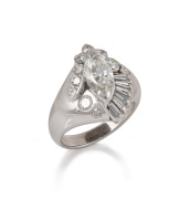An 18ct white gold and diamond cluster ring, central marquise cut diamond approximately 1.12ct, surrounded by brilliant&nbsp;and baguette cut diamonds, with insurance valuation document ($18,350), 8 grams total.