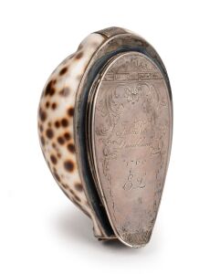 An antique Scottish sterling silver mounted cowrie shell snuff box, engraved "JOHN ROB, DUMBLAINE, 1760, E.L.", 9cm wide.