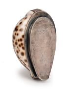 An antique Scottish sterling silver mounted cowrie shell snuff box, engraved "JOHN ROB, DUMBLAINE, 1760, E.L.", 9cm wide.
