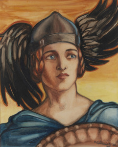 MARGUERITE MAHOOD (1901-1989), (The warrior woman), watercolour, signed lower right with her maiden name "M. Callaway '21", 52 x 42cm, 78 x 59cm overall.