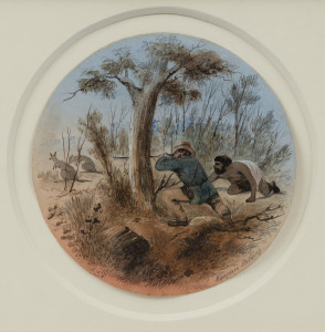 SAMUEL THOMAS GILL (1818-1880), Kangaroo Stalking, gouache and pencil, signed and titled in the lower margin "S.T.G.", titled verso with Christie's provenance, 16cm diameter, 29 x 32cm overall.