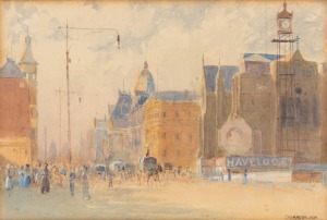 JOHN SOMMERS Snr (1846-1930), (Melbourne street scene), watercolour, signed lower right "J. Sommers Sen.", 16 x 24cm, 37 x 45cm overall.