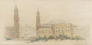 FREDERICK MILLER NEEDHAM (1840-1910), King William Street, Victoria and Albert Towers, Adelaide, March 1885, watercolour and pencil, 20 x 38.5cm, 46 x 63cm overall.