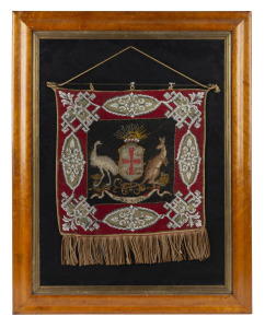 ADVANCE AUSTRALIA antique Australian beadwork banner with tasselled fringe adorned with coat of arms flanked by kangaroo and emu, 19th century, housed in a period birdseye maple frame, 72 x 57cm overall