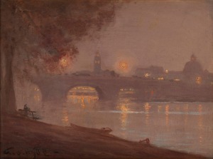 GEORGE HYDE POWNALL (1866-1939), Moonlight, Princes Bridge, circa 1920, oil on board, signed lower left "Geo. Hyde" and titled verso, 31 x 24cm, 36 x 44cm overall.
