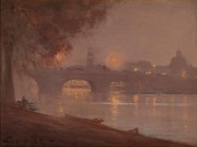 GEORGE HYDE POWNALL (1866-1939), Moonlight, Princes Bridge, circa 1920, oil on board, signed lower left "Geo. Hyde" and titled verso, 31 x 24cm, 36 x 44cm overall.