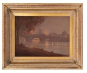 GEORGE HYDE POWNALL (1866-1939), Moonlight, Princes Bridge, circa 1920, oil on board, signed lower left "Geo. Hyde" and titled verso, 31 x 24cm, 36 x 44cm overall. - 2
