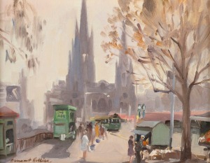 DERMONT HELLIER (1916-2006), Monday Morning, Princes Bridge, Melb., oil on artist's board, signed lower left "Dermont Hellier", titled verso, 20 x 25cm, 33 x 38.5cm overall.