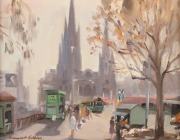 DERMONT HELLIER (1916-2006), Monday Morning, Princes Bridge, Melb., oil on artist's board, signed lower left "Dermont Hellier", ​​​​​​​titled verso, 20 x 25cm, 33 x 38.5cm overall.