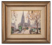 DERMONT HELLIER (1916-2006), Monday Morning, Princes Bridge, Melb., oil on artist's board, signed lower left "Dermont Hellier", ​​​​​​​titled verso, 20 x 25cm, 33 x 38.5cm overall. - 2