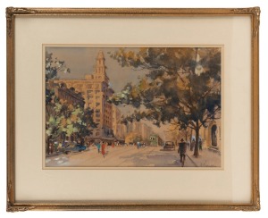 ERNEST VOGEL (1909-1993), Collins Street Afternoon, watercolour, signed lower left "E. Vogel", 26.5 x 39cm, 44 x 58cm overall.