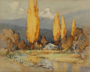 CLIFFORD DUDLEY WOOD (1905-1980), Ovens River, Myrtleford, watercolour, signed lower left "C. Dudley Wood, 1946", 35 x 44cm, 47 x 56cm overall.
