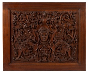 RUDOLPH JOHANN WILHELM UNGER (Germany, South Australia, 1846-1927), carved panel in timber frame, circa 1900, Australian timbers, 47 x 56cm overall.