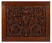 RUDOLPH JOHANN WILHELM UNGER (Germany, South Australia, 1846-1927), carved panel in timber frame, circa 1900, Australian timbers, 47 x 56cm overall.