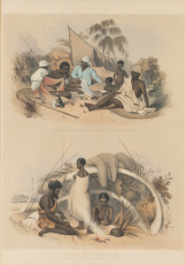 GEORGE FRENCH ANGUS (1822-1886), Encampment of Native Women, near Cape Jervis, and Natives of Encounter Bay, lithograph in colour on a single sheet, housed in an attractive fiddleback blackwood frame, 42 x 31cm, 71 x 59cm overall.