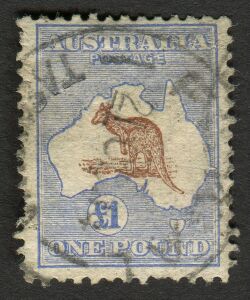 Kangaroos - First Watermark: £1 Brown & Blue, GU; one nibbed perf. at lower left.