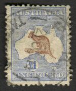 Kangaroos - First Watermark: &pound;1 Brown & Blue, GU; one nibbed perf. at&nbsp; lower left.