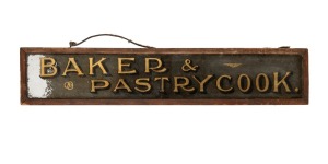 "BAKER & PASTRY COOK" reverse glass painted shop sign in timber frame in barn find condition, 19th century, 21 x 104cm overall