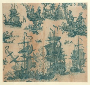 A large piece of mid 19th century toile,&nbsp;with a printed design of French sailing ships in American waters with Indians and plants; framed & glazed, overall 102 x 105cm.