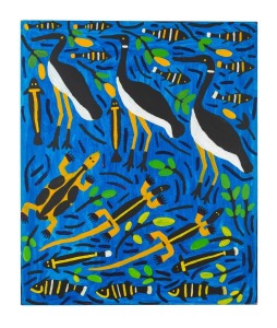 AMY JOHNSON (1953 - ), (untitled brolgas, fish, turtle and lizard on blue ground), acrylic on canvas, gallery No. P.O99, 120 x 100cm