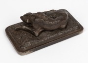 A cast metal dog paperweight, signed and dated "Ilsenburg, 1878", 3cm high, 9cm wide, 5cm deep - 2