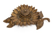 An antique English Aesthetic Movement brass sunflower inkwell with original porcelain liner, circa 1875, 21cm wide