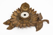 An antique English Aesthetic Movement brass sunflower inkwell with original porcelain liner, circa 1875, 21cm wide - 2