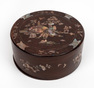 A Chinese rosewood wedding box with mother of pearl inlay, 19th/20th century, 11cm high, 24cm diameter