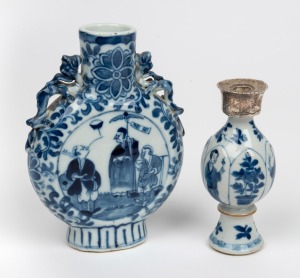 An antique Chinese blue and white porcelain bottle with later silver collar (missing stopper); together with a&nbsp;Chinese blue and white porcelain moon flask vase, 19th and 20th century, (2 items), 11cm and 15cm high