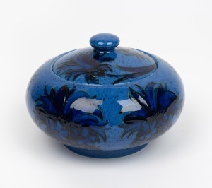 MOORCROFT "Cornflower" lidded pottery bowl on blue ground, under glaze blue signature to base, impressed "Moorcroft, Made In England", 9cm high, 14cm diameter