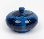 MOORCROFT "Cornflower" lidded pottery bowl on blue ground, under glaze blue signature to base, impressed "Moorcroft, Made In England", 9cm high, 14cm diameter
