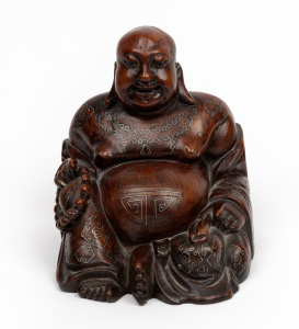 An antique Chinese carved rosewood seated Buddha statue with silver wire inlay, Qing Dynasty, 19th century, 15cm high