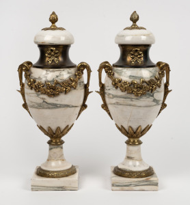 A pair of antique French variegated marble cassolettes with ormolu mounts, 19th century, 45cm high