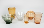 WHITEFRIARS&nbsp;group of six assorted clear and coloured glass vases and bowls, the largest 20cm high