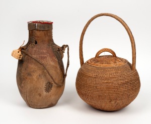 An African carved wooden water container with leather and trade bead top; together with a lidded woven basket, 30cm and 33cm high